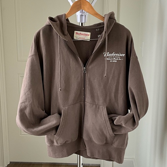 PacSun Tops - Budweiser x PacSun Brown Zip-Up Hoodie Graphic Logo Sweatshirt